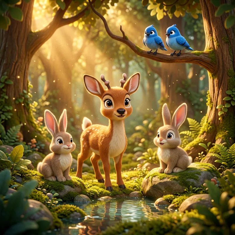 A 3D animation style picture of a fawn and rabbits, made with Burritt AI Studio