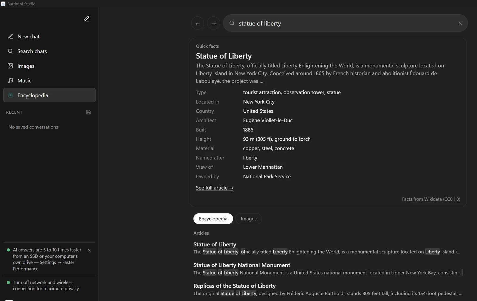 Searching the encyclopedia, with the Quick Facts card at the top
