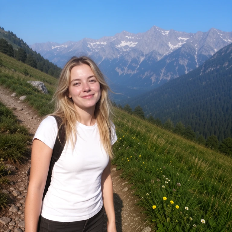 A smiling young woman on a mountain trail, made offline with Burritt AI Studio