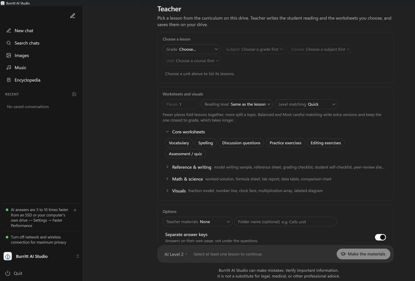 The Teacher screen in Burritt AI Studio